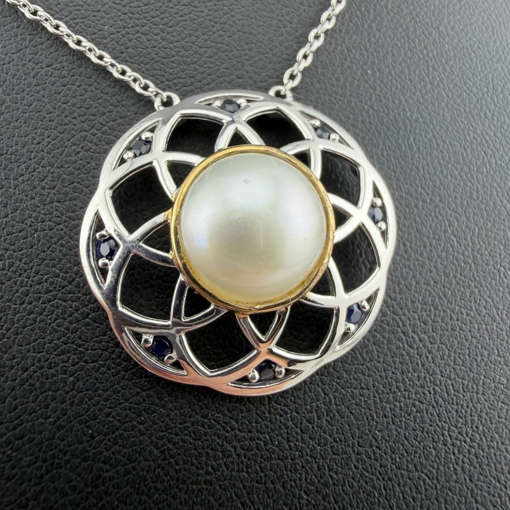 NH Michael Valitutti 925 Sterling Silver Pearl Blue Sapphire Lattice Necklace